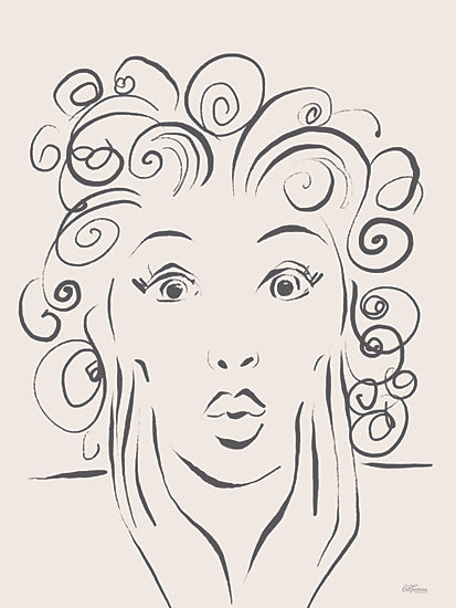Cat Thurman Designs CTD401 - CTD401 - Oops - 12x16 Minimal line art portrait of woman with curly hair, black ink sketch, modern fashion illustration, whimsical face drawing, neutral background, contemporary figurative art, simple outline, feminine style from Penny Lane