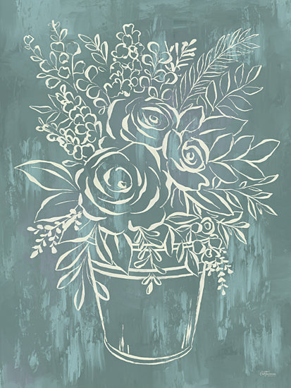 Cat Thurman Designs CTD415 - CTD415 - Etched Bouquet I - 12x16 Monochrome botanical bouquet line art on teal background, roses and greenery, modern farmhouse floral, brush stroke textured backdrop, decorative wall art, minimalist white sketch, contemporary botanical from Penny Lane