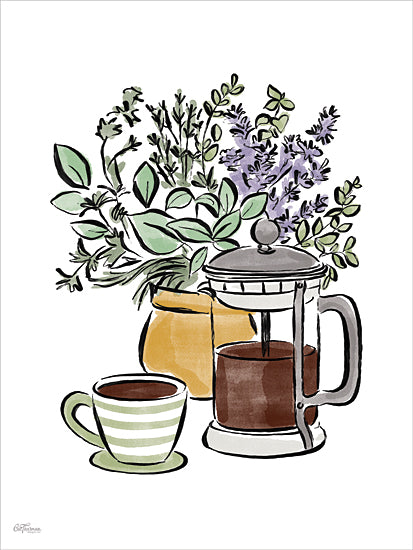 Cat Thurman Designs CTD445 - CTD445 - Aromatic Awakening - 12x16 French press coffee, teacup, striped cup, herbal tea, herbs, lavender, basil, rosemary, coffee pot, warm drink, watercolor kitchen art, loose sketch style, breakfast beverage, tea and coffee, herb bouquet, cozy drink decor, white background, green and purple herbs, food and drink illustration, kitchen still life, contemporary line art, hand painted cafe art, coffee lover, herbal infusion from Penny Lane