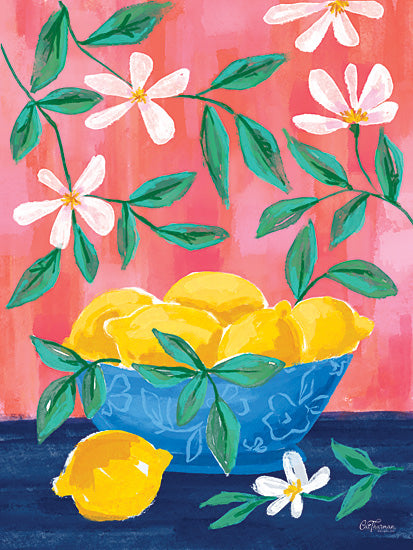 Cat Thurman Designs CTD454 - CTD454 - Summer Lemons - 12x16 bowl of lemons, citrus fruit, floral background, green leaves, white flowers, pink background, still life, fresh produce, painterly texture, bright colors from Penny Lane
