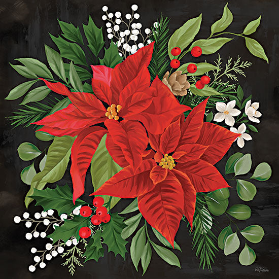 Cat Thurman Designs CTD468 - CTD468 - Poinsettia Bouquet - 12x12 bold red poinsettia flowers, holiday floral bouquet, evergreen sprigs, holly berries, pine cone, white berries, dark charcoal background, Christmas botanical, winter greenery, festive floral arrangement, dramatic still life, painterly holiday decor from Penny Lane
