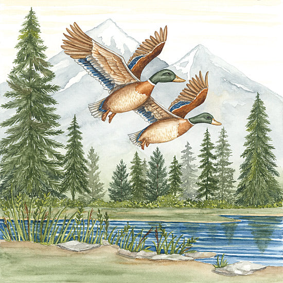 Deb Strain DS2405 - DS2405 - Mallard Ducks in Forest - 12x12 watercolor mallard ducks in flight, two ducks, blue lake, evergreen forest, mountain landscape, wetland reeds, wildlife birds, flying waterfowl, lodge nature art, rustic outdoor scene, green pine trees from Penny Lane