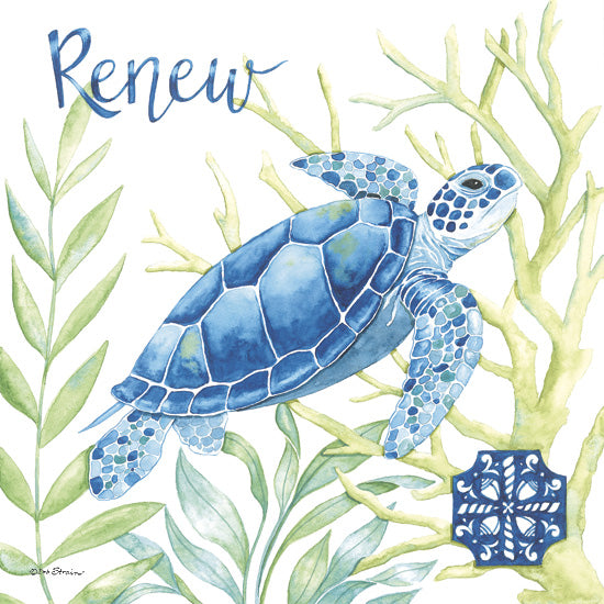Deb Strain DS2424 - DS2424 - Seaside Renew - 12x12 sea turtle, coral reef, green seaweed, word renew, underwater scene, ocean life, marine art, watercolor illustration, coastal theme, blue tones from Penny Lane