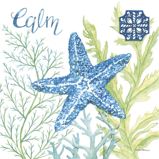 Deb Strain DS2426 - DS2426 - Seaside Calm - 12x12 blue starfish, coral, seaweed, ocean life, word calm, marine design, watercolor style, coastal decor, tropical inspiration, relaxing aesthetic from Penny Lane
