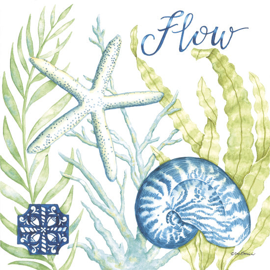 Deb Strain DS2427 - DS2427 - Seaside Flow - 12x12 white starfish, blue nautilus shell, coral reef, word flow, seaweed, coastal style, marine life, watercolor ocean art, calming design from Penny Lane