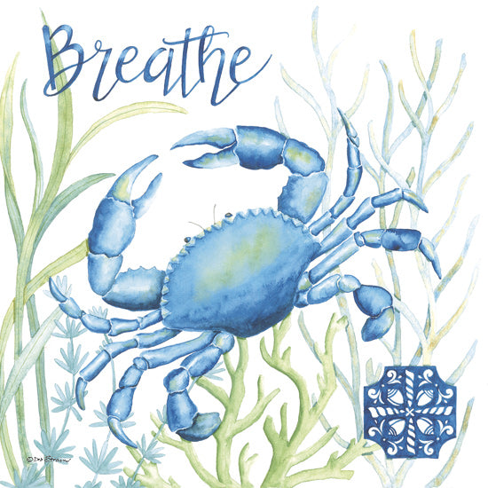 Deb Strain DS2431 - DS2431 - Seaside Breathe - 12x12 watercolor art, blue crab, seaweed, ocean floor, breathe text, marine life, sea art, calming blue tones, coastal inspiration from Penny Lane