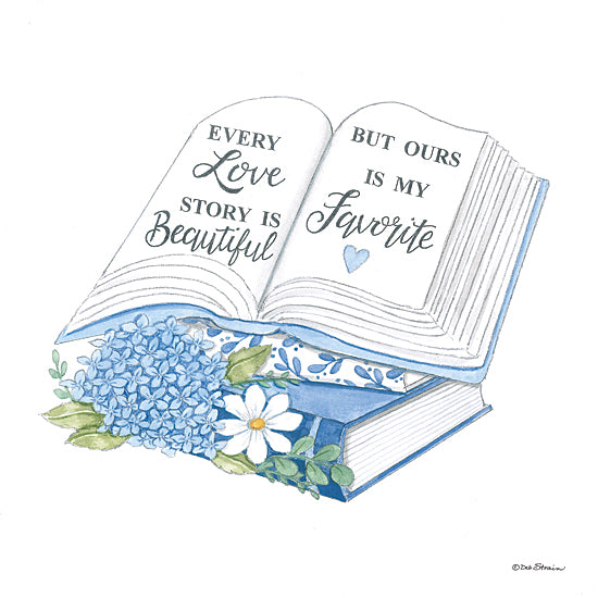 Deb Strain DS2461 - DS2461 - Every Love Story - 12x12 botanical, typography, still life, floral, greenery, inspirational, word art, hydrangea, daisy, books, love, quote, feminine, whimsical, watercolor, blue from Penny Lane