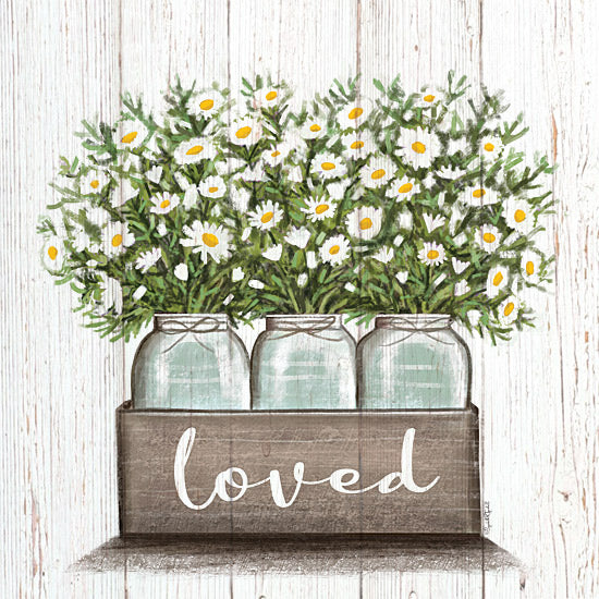 Elizabeth Tyndall ET358 - ET358 - Loved Flower Trio - 12x12 Still Life, Flowers, Daisies, Glass Jars, Wooden Box, Loved, Inspirational, Typography, Signs, Textual Art, Wood Planks, Spring from Penny Lane