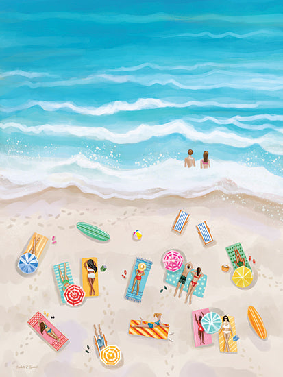 Elizabeth Tyndall ET621 - ET621 - Beach Day - 12x16 beach, ocean, people sunbathing, surfboards, towels, waves, turquoise water, summer day, coastal life, relaxing scene from Penny Lane