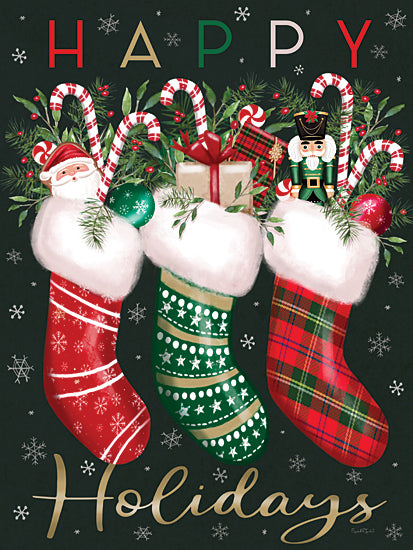 Elizabeth Tyndall ET630 - ET630 - Happy Holidays Stockings - 12x16 happy holidays christmas art, stockings, santa claus, nutcracker, festive greenery, whimsical holiday decor, seasonal illustration from Penny Lane