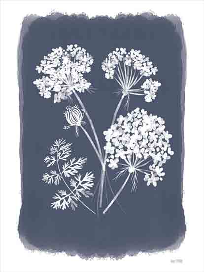 House Fenway FEN1029 - FEN1029 - Navy Lace II - 12x16 blue botanical print, white wildflower umbels, lace flowers, delicate stems, fern foliage, cyanotype inspired, indigo background, botanical silhouette, vintage nature print, minimalist composition, textured painterly border from Penny Lane
