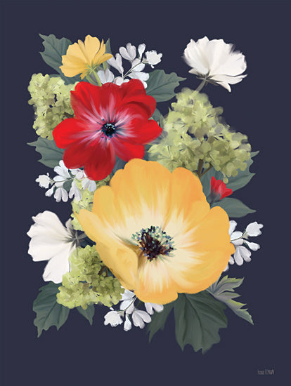 House Fenway FEN1230 - FEN1230 - Navy Flower Fete I - 12x16 floral bouquet, bright red flower, yellow flower, white blossoms, green hydrangea, dark navy background, painterly floral, bold colors, spring arrangement, botanical decor, contemporary still life, dramatic contrast from Penny Lane