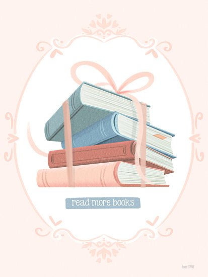 House Fenway FEN1301 - FEN1301 - Read More Books    - 12x16 stack of books illustration, pastel watercolor, pink background, ribbon bow wrapping books, reading quote, 'read more books' text, book lover decor, cozy reading, whimsical frame, feminine gift, library theme, soft colors from Penny Lane
