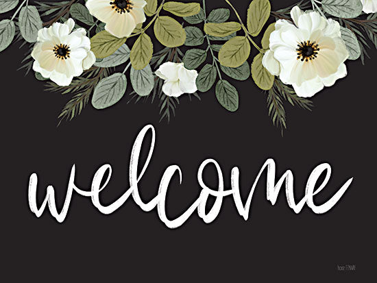 House Fenway FEN969 - FEN969 - Welcome - 16x12 welcome sign, white flowers, greenery, farmhouse style, floral border, rustic decor, word art, black background from Penny Lane