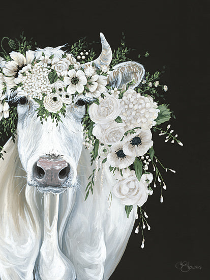 Hollihocks Art HH262 - HH262 - Pretty Pearl - 12x16 white cow portrait, floral crown, farmhouse animal art, dark moody background, hydrangea, roses, anemones, feminine farm art, longhorn cow, boho ranch decor, painterly animal portrait, floral embellished cow, rustic elegant wall art, black background, whimsical farm animal, country floral cow from Penny Lane