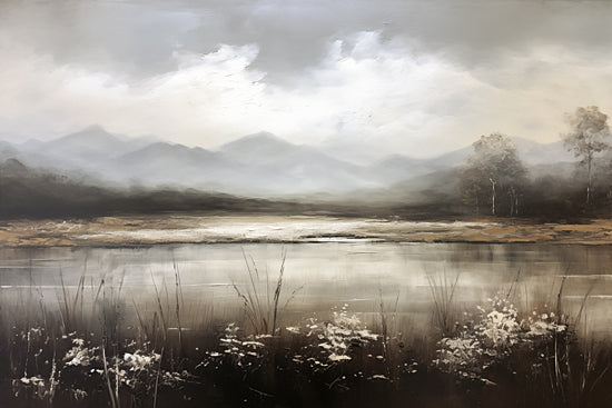 Heidi Kuntz HK202 - HK202 - Gray Day at the Lake   - 18x12 mountain lake, reflective water, wildflowers, misty sky, natural tones, wilderness scene, painterly style, tranquility from Penny Lane