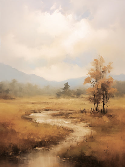 Heidi Kuntz HK214 - HK214 - Around the Bend   - 12x16 autumn meadow, golden field, stream, fall colors, lone trees, warm tones, cloudy sky, seasonal change, rustic landscape, painterly from Penny Lane