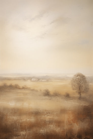 Heidi Kuntz HK216 - HK216 - Hazy Field   - 12x18 minimalist meadow, lone tree, vast horizon, hazy atmosphere, muted colors, peaceful scenery, rural field, painterly impression from Penny Lane