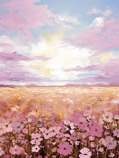 Heidi Kuntz HK221 - HK221 - Pink Morning   - 12x16 sunset field, purple sky, pink flowers, vibrant meadow, dreamy horizon, pastel tones, seasonal bloom, floral abstract painterly from Penny Lane