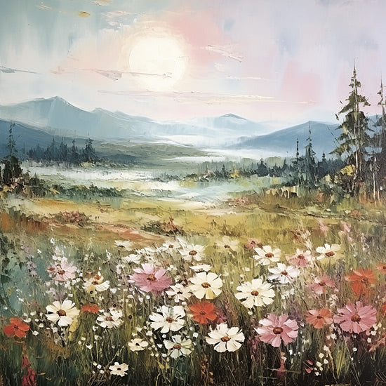 Heidi Kuntz HK225 - HK225 - Morning Glow   - 12x12 sunrise, mountain meadow, wildflowers, colorful blossoms, pine trees, radiant sky, springtime, painterly landscape, vibrant colors from Penny Lane