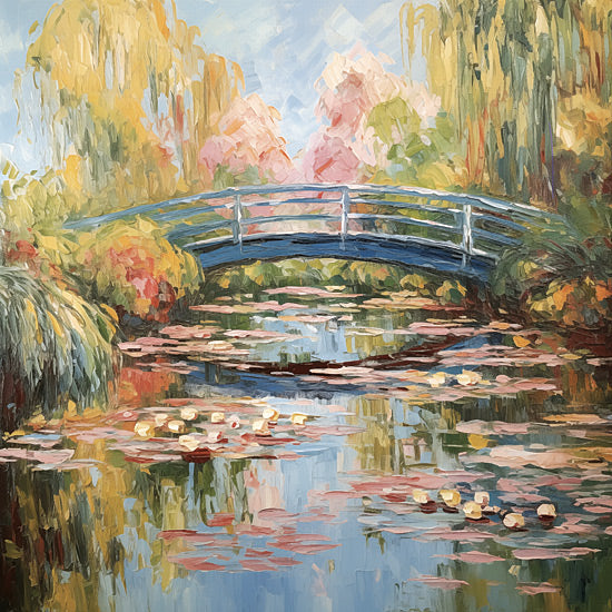 Heidi Kuntz HK231 - HK231 - Lily Bridge   - 12x12 impressionist garden bridge, blue footbridge, water lily pond, willow trees, spring blossoms, reflections on water, vibrant brushwork, Monet-inspired, painterly landscape, serene nature scene from Penny Lane