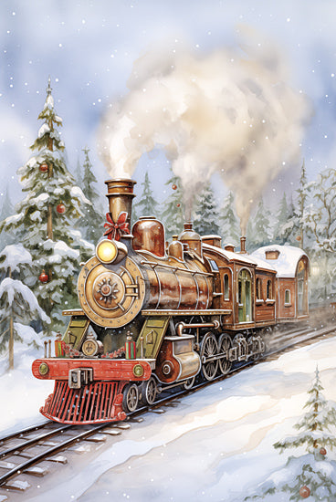 Heidi Kuntz HK294 - HK294 - Christmas Train  - 16x12 holidays & seasonal, travel, landscape, winter, christmas, transportation, trees, train, steam engine, snow, forest, pine trees, red ribbon, christmas ornaments, whimsical, painterly, watercolor, red from Penny Lane
