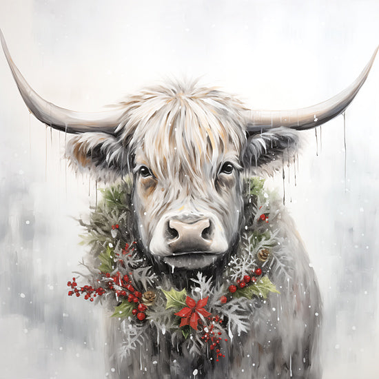 Heidi Kuntz HK296 - HK296 - Christmas Highland  - 12x12 animals, holidays & seasonal, farm animals, winter, christmas, highland cow, mistletoe, poinsettia, snowflakes, falling snow, modern farmhouse, painterly, digital painting, neutral from Penny Lane