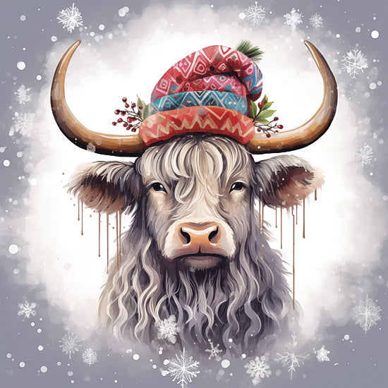 Heidi Kuntz HK297 - HK297 - Holiday Highland  - 12x12 highland cow illustration, winter holiday cow, whimsical farm animal, Christmas hat, festive farm art from Penny Lane
