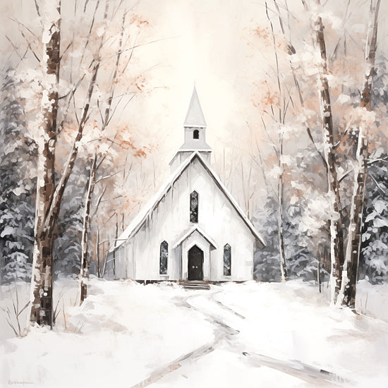 Heidi Kuntz HK298 - HK298 - Snowy Church Walk  - 12x12 white country church in snowy woods, winter chapel, birch trees, soft pink sky, snow covered path, peaceful rural church, watercolor painterly landscape, serene woodland, white steeple, quiet holiday scene, pastel winter art from Penny Lane