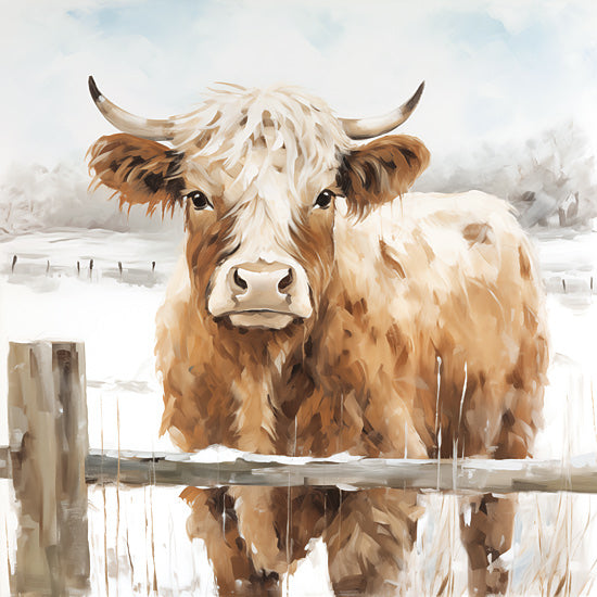 Heidi Kuntz HK324 - HK324 - Fionna    - 12x12 Highland cow in snowy field, rustic fence, winter landscape, farmyard, rural, painterly style from Penny Lane