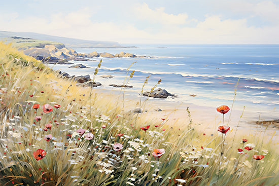 Heidi Kuntz HK348 - HK348 - Poppies by the Sea   - 18x12 Coastal landscape, beachside wildflowers, ocean waves, summer meadow, nature, scenic view from Penny Lane