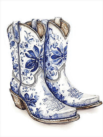 Heidi Kuntz HK431 - HK431 - Blue Toile Boots I    - 12x16 blue and white cowboy boots, floral pattern, watercolor illustration, western fashion, cowgirl style, porcelain chinoiserie look, rustic chic, feminine western, footwear, country style, decorative art, boot illustration from Penny Lane