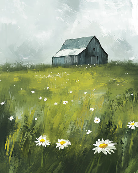 Heidi Kuntz HK468 - HK468 - Daisy Field   - 12x16 rustic barn in field, wild daisies, green meadow, farmhouse landscape, country scene, painterly brush strokes, spring flowers, rural countryside, modern farmhouse decor, serene nature, overcast sky, textured painting from Penny Lane