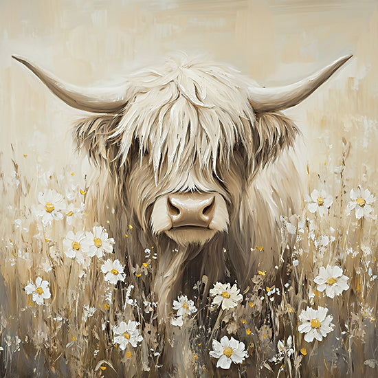 Heidi Kuntz HK507 - HK507 - Highland Among the Blooms - 12x12 highland cow, shaggy fur, horns, farmhouse animal, wildflowers, rustic meadow, neutral palette, country decor, painterly texture from Penny Lane