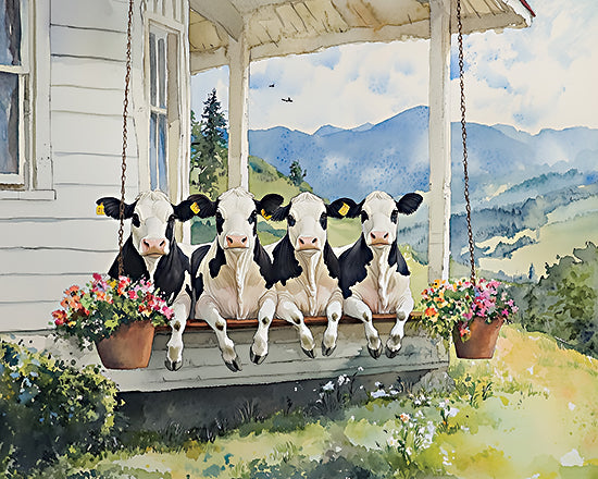 Heidi Kuntz HK512 - HK512 - View from the Udder Side - 16x12 cows on porch, farmhouse animals, black and white cows, porch swing, mountain view, country humor, farm life, floral porch pots, rustic home, whimsical farm art, pastoral scene, dairy cows, charming rural decor, sunny countryside, front porch animals, playful farmhouse painting, modern country style from Penny Lane