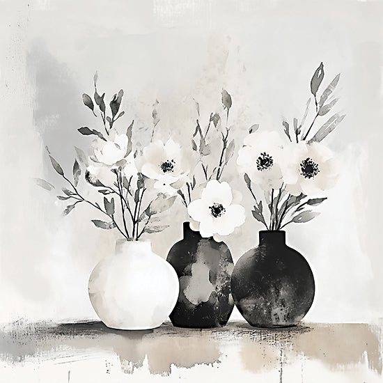 Heidi Kuntz HK520 - HK520 - Whispers of White - 12x12 neutral floral vases, black and white decor, modern still life, minimalist arrangement, anemone flowers, home decor, painterly texture from Penny Lane