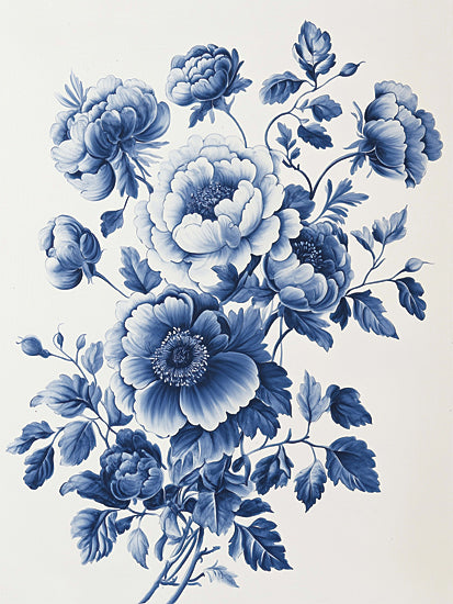 Heidi Kuntz HK529 - HK529 - Blue Porcelain Flowers 3 - 12x16 blue and white floral bouquet, chinoiserie peony blossoms, botanical stems and foliage, porcelain pattern inspired, soft shading, classic blue monochrome, elegant cottagecore decor, feminine botanical wall art from Penny Lane