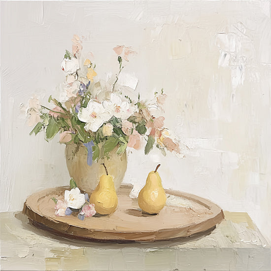 Heidi Kuntz HK535 - HK535 - Pastel Pears - 12x12 still life flowers, pears, floral arrangement, neutral palette, soft cream tones, kitchen art, tabletop tray, vase of flowers, fruit still life, cottage kitchen decor, elegant farmhouse style, delicate petals, muted painterly texture, quiet home scene, refined neutral art, fresh pears, subtle botanical composition from Penny Lane