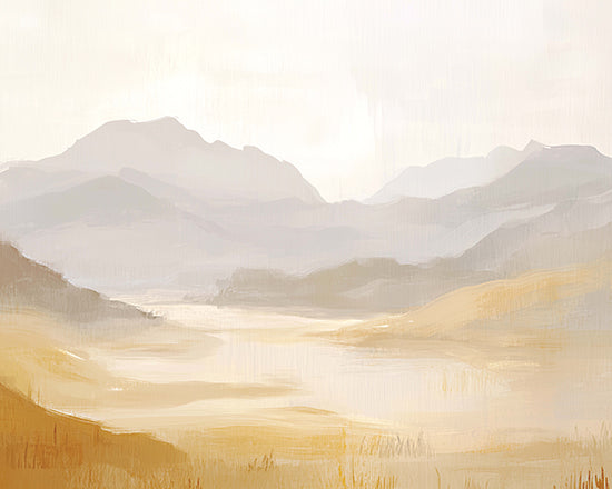 Heidi Kuntz HK547 - HK547 - Faded View - 16x12 misty river valley landscape, soft morning haze, winding river, distant mountains, forested trees, tranquil nature scene, neutral greens and golds, atmospheric perspective, painterly realism from Penny Lane