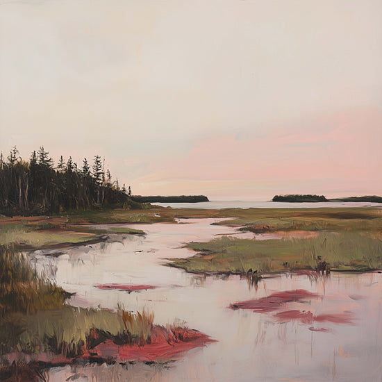 Heidi Kuntz HK557 - HK557 - Rouge Wetlands - 12x12 peaceful marsh landscape, pink sunset sky, reflective water, serene nature scene, impressionist brush strokes, distant forest, horizon view, natural light, tranquility from Penny Lane