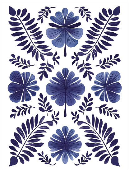 Heidi Kuntz HK575 - HK575 - Blue Motif IV - 12x16 blue floral folk pattern, stylized flowers, indigo blooms, symmetrical botanical composition, Scandinavian folk art, decorative floral tile style, hand-painted petals, navy and cornflower blue palette, ornamental botanical design, repeating surface pattern look, clean white background, modern folk illustration, whimsical floral arrangement, painterly texture from Penny Lane