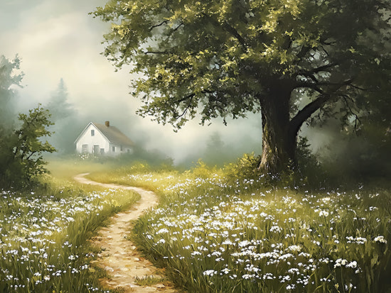Heidi Kuntz HK601 - HK601 - Hazy Morning - 16x12 misty meadow path leading to white farmhouse, large oak tree, wildflowers, soft morning fog, pastoral countryside, tranquil nature landscape, dreamy light, painterly realism, spring or summer field from Penny Lane
