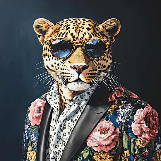 Heidi Kuntz HK612 - HK612 - Effortlessly Cool - 12x12 cool leopard wearing sunglasses, floral blazer, spotted scarf, tuxedo lapels, stylish animal portrait, fashion wildlife, humorous big cat, bold flowers, modern dressed animal art, dark background from Penny Lane