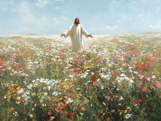 Heidi Kuntz HK635 - HK635 - Heavenly Wildflowers     - 16x12 Jesus in meadow, religious art, inspirational painting, field of wildflowers, peaceful landscape, soft light, blue sky, spiritual imagery, faith, hope, serene nature scene, pastoral, spring flowers, calming atmosphere from Penny Lane