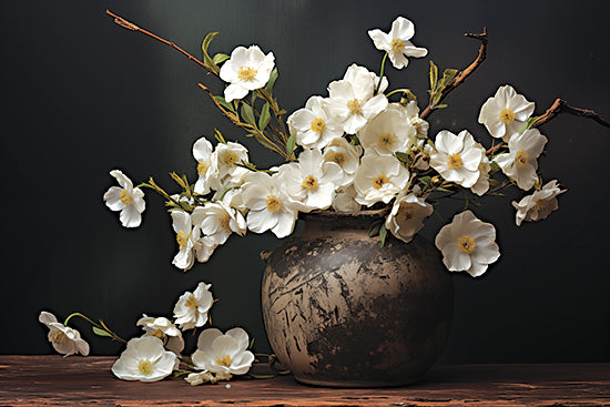Heidi Kuntz HK648 - HK648 - Unspoken Grace - 18x12 white flowers, still life painting, ceramic vase, moody floral arrangement, dark background, botanical art, rustic decor, painterly texture, elegant petals, farmhouse style, soft lighting, neutral tones, romantic blossoms from Penny Lane