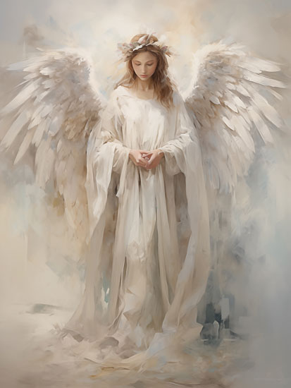 Heidi Kuntz HK651 - HK651 - Peaceful Angel - 12x16 soft angel with large white wings, flowing white robe, floral crown, ethereal clouds, gentle heavenly figure, neutral pastel fantasy, spiritual guardian angel, painterly religious art, serene feminine figure from Penny Lane