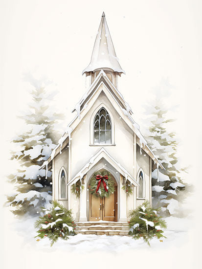 Heidi Kuntz HK652 - HK652 - A Snowy Sunday - 12x16 holidays & seasonal, religious & spiritual, landscape, winter, christmas, trees, church, snow, wreath, pine, steeple, painterly, whimsical, watercolor, white from Penny Lane
