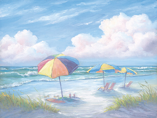 Georgia Janisse JAN346 - JAN346 - Waves of Joy - 16x12 Colorful beach scene, rainbow umbrella, seaside umbrellas, ocean waves, sandy shore, summer vacation, bright pastel sky, playful coastal landscape, beach chairs, sunny day, whimsical seaside art, tropical feel, cheerful colors, painterly brush strokes from Penny Lane
