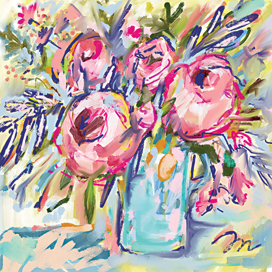 Jessica Mingo JM673 - JM673 - Joyful Blooms - 12x12 abstract floral bouquet, expressive brush strokes, neon pastels, pink peonies/roses, loose painterly style, energetic lines, turquoise vase, modern impressionism, spring garden, contemporary art, whimsical, vibrant color palette from Penny Lane