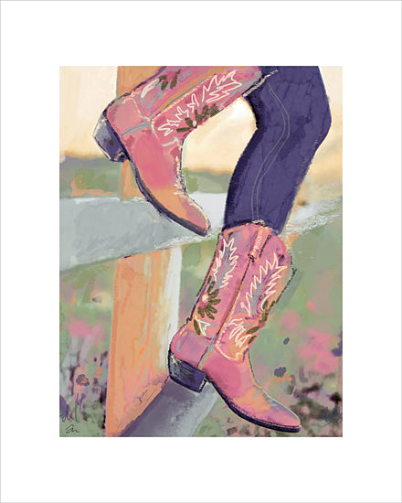 Jessica Mingo JM682 - JM682 - Country Comfort - 12x16 pink cowgirl boots, perched on fence, country lifestyle, western fashion, denim legs, ranch scene, sunset glow, feminine cowboy style, painterly texture from Penny Lane